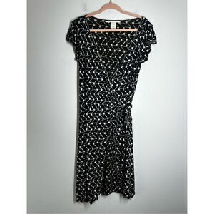 Max Studio Wrap MIDI Dress Geometric Pattern V Neck Black White Size S